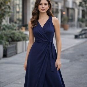 NWT 41 Hawthorn Sm Maxi Blue Ponte Faux Wrap EmpWaist Tie Soft 54” Long Dress